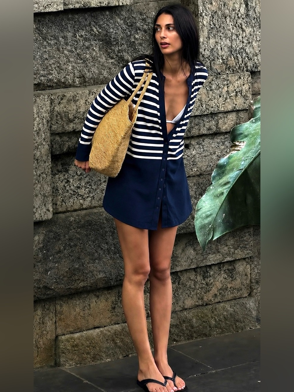 NWOT COS Striped Silk & Cotton Mini Dress Navy & White / Beach Cover-Up! | Sz XS
